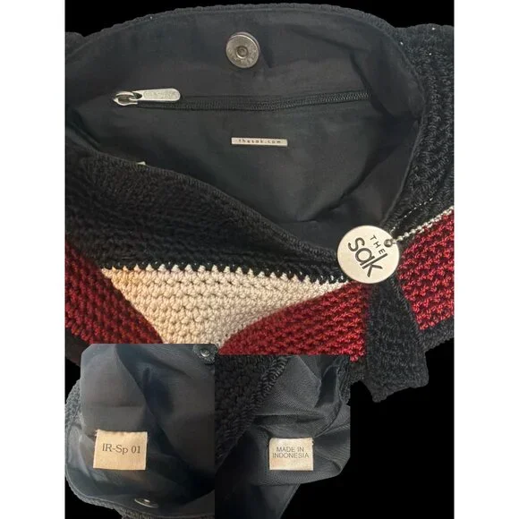 The Sak Hobo Shoulder Bag Black Red Beige Crocheted Crossbody Boho Grannycore - Picture 7 of 7